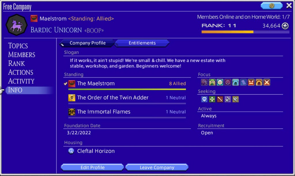 The Bardic Unicorn Free Company in Final Fantasy XIV