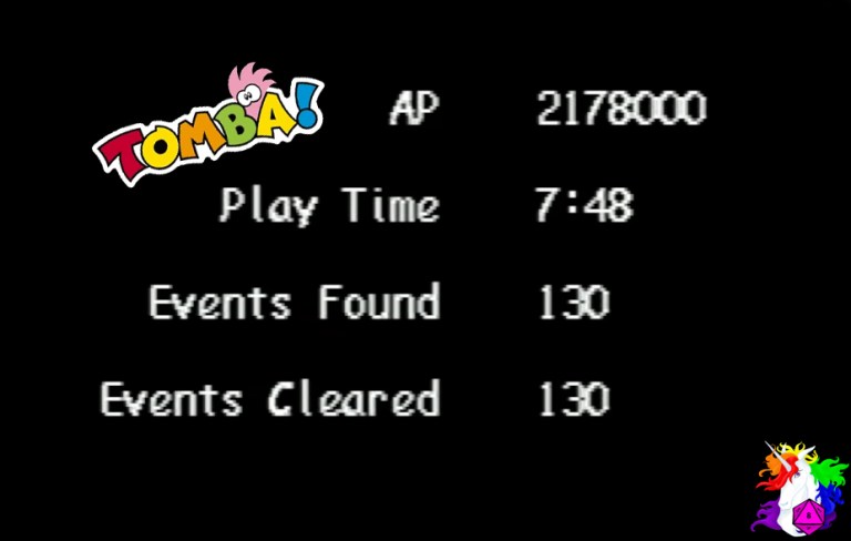 Stats for completing Tomba! 100% complete!