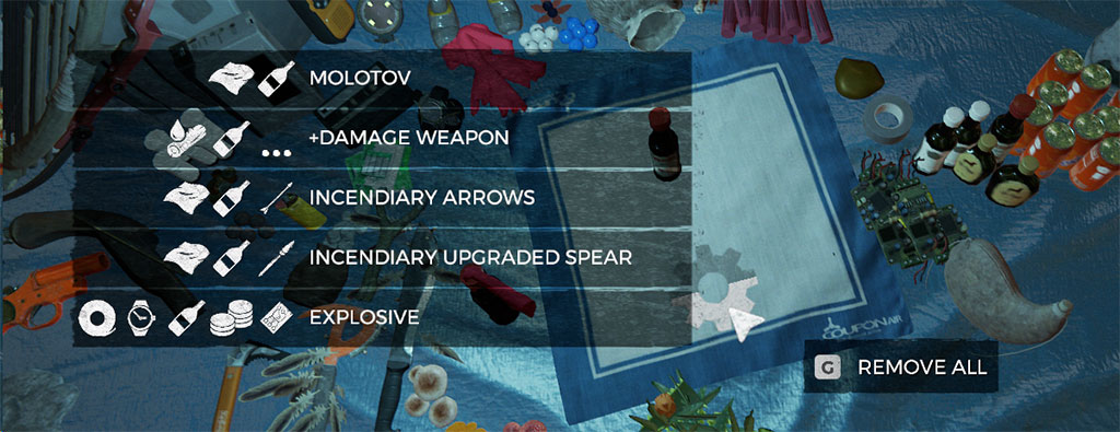 Crafting mat with booze set out, to show the menus for crafting